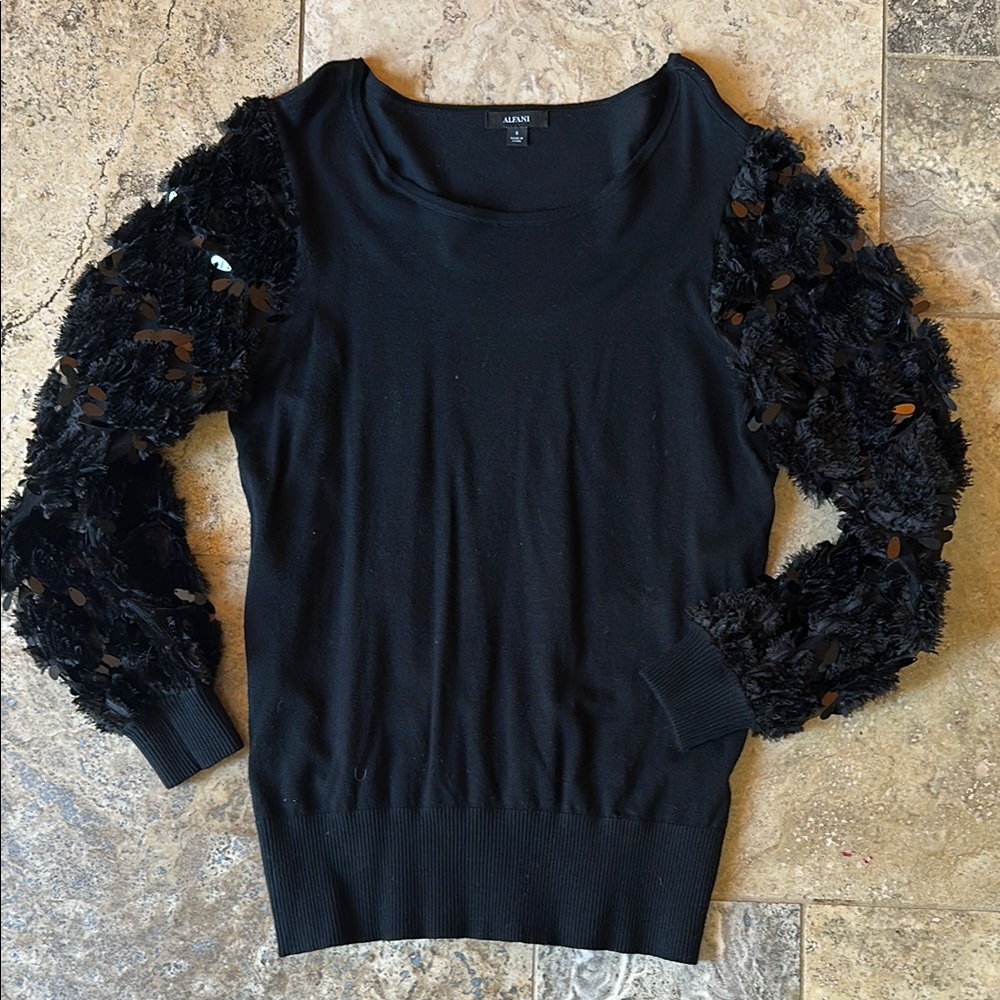 Alfani Black Sweater with Textured Sleeves